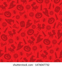 Vector seamless pattern with Halloween elements. Red halloween design for greeting card, gift box, wallpaper, fabric, web design.