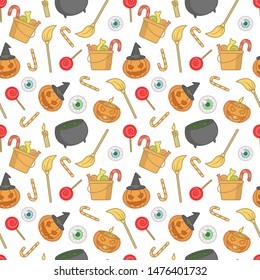 Vector seamless pattern with Halloween elements. Halloween design for greeting card, gift box, wallpaper, fabric, web design.