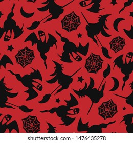 Vector seamless pattern with halloween elements on red background. Halloween design for greeting card, gift box, wallpaper, fabric, web design.