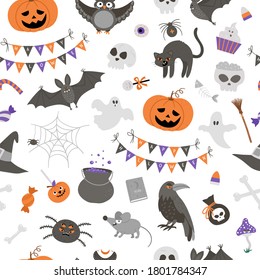 Vector seamless pattern with Halloween elements. Traditional Samhain party background. Scary digital paper with jack-o-lantern, spider, ghost, skull, bats, witch, vampire. 
