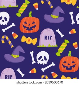 Vector seamless pattern with halloween elements - pumpkin, witch hat, candies, skull
