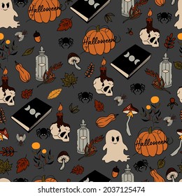 vector seamless pattern halloween eps . Doodle potion and wiccan symbols, pumpkin and skull , mushrooms and autumn leaves