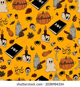 vector seamless pattern halloween eps . Doodle potion and wiccan symbols, pumpkin and skull , mushrooms and autumn leaves