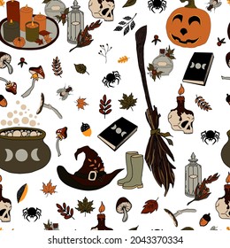 vector seamless pattern halloween eps . Doodle potion and wiccan symbols, pumpkin and skull , mushrooms and autumn leaves