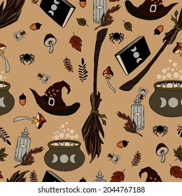 vector seamless pattern halloween eps . Doodle potion and wiccan symbols,  mushrooms and autumn leaves