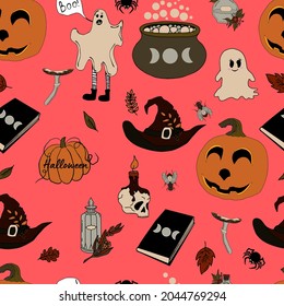 vector seamless pattern halloween eps . Doodle potion and wiccan symbols, pumpkin and skull , mushrooms and autumn leaves