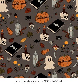 vector seamless pattern halloween eps . Doodle potion and wiccan symbols, pumpkin and skull , mushrooms and autumn leaves