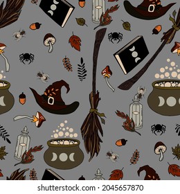 vector seamless pattern halloween eps . Doodle potion and wiccan symbols,  mushrooms and autumn leaves