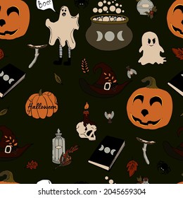 vector seamless pattern halloween eps . Doodle potion and wiccan symbols, pumpkin and skull , mushrooms and autumn leaves