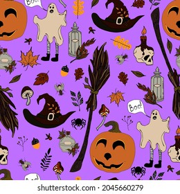 vector seamless pattern halloween eps . Doodle potion and wiccan symbols, pumpkin and skull , mushrooms and autumn leaves