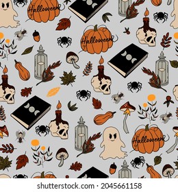 vector seamless pattern halloween eps . Doodle potion and wiccan symbols, pumpkin and skull , mushrooms and autumn leaves