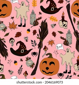 vector seamless pattern halloween eps . Doodle potion and wiccan symbols, pumpkin and skull , mushrooms and autumn leaves