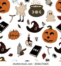 vector seamless pattern halloween eps . Doodle potion and wiccan symbols, pumpkin and skull , mushrooms and autumn leaves