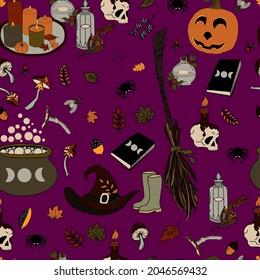 vector seamless pattern halloween eps . Doodle potion and wiccan symbols, pumpkin and skull , mushrooms and autumn leaves
