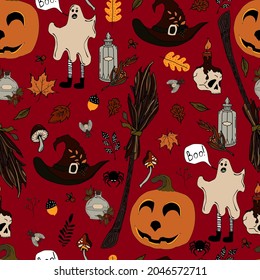 vector seamless pattern halloween eps . Doodle potion and wiccan symbols, pumpkin and skull , mushrooms and autumn leaves