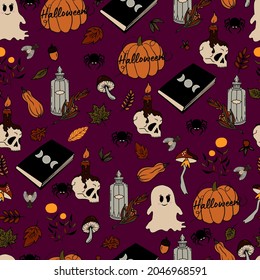 vector seamless pattern halloween eps . Doodle potion and wiccan symbols, pumpkin and skull , mushrooms and autumn leaves