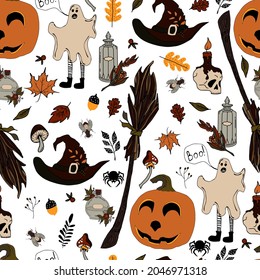 vector seamless pattern halloween eps . Doodle potion and wiccan symbols, pumpkin and skull , mushrooms and autumn leaves