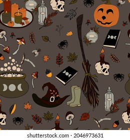 vector seamless pattern halloween eps . Doodle potion and wiccan symbols, pumpkin and skull , mushrooms and autumn leaves