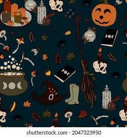 vector seamless pattern halloween eps . Doodle potion and wiccan symbols, pumpkin and skull , mushrooms and autumn leaves