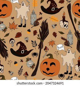 vector seamless pattern halloween eps . Doodle potion and wiccan symbols, pumpkin and skull , mushrooms and autumn leaves