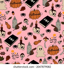 vector seamless pattern halloween eps . Doodle potion and wiccan symbols, pumpkin and skull , mushrooms and autumn leaves