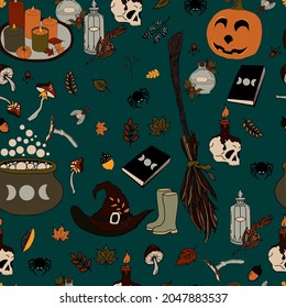 vector seamless pattern halloween eps . Doodle potion and wiccan symbols, pumpkin and skull , mushrooms and autumn leaves