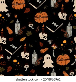 vector seamless pattern halloween eps . Doodle potion and wiccan symbols, pumpkin and skull , mushrooms and autumn leaves