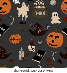vector seamless pattern halloween eps . Doodle potion and wiccan symbols, pumpkin and skull , mushrooms and autumn leaves