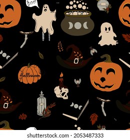 vector seamless pattern halloween eps . Doodle potion and wiccan symbols, pumpkin and skull , mushrooms and autumn leaves