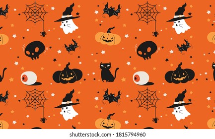 Vector seamless pattern for Halloween festival. Pumpkin, ghost, bat, black  cat, and other items on Halloween theme. Bright cartoon pattern of Halloween texture background illustration.