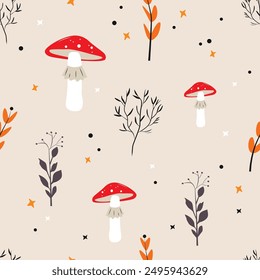 Vector seamless pattern for Halloween. fly agaric, plants on light background. Abstract vector Illustration for print design