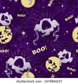 Vector seamless pattern for Halloween with funny ghosts, moon, sky and stars. Ghost screams boo!
