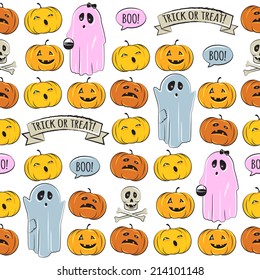 Vector seamless pattern for Halloween with funny pumpkins, boy and girl ghosts in  sheets and smiley skull with bones