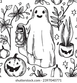 vector seamless pattern for Halloween, funny ghost, pumpkins and plants. illustration in sketch style, vintage, retro style