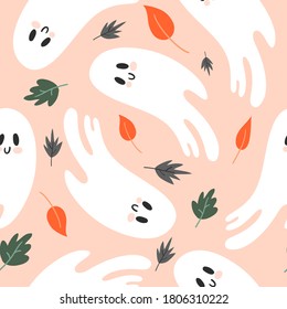 Vector seamless pattern for Halloween. Ghost and leavesin doodle childish style. Bright cartoon pattern for Halloween