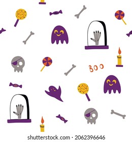 Vector seamless pattern for Halloween. Ghost, candy, skull and other Halloween-themed items. Bright cartoon pattern for Halloween