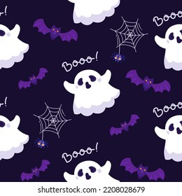 Vector seamless pattern for Halloween. Ghost, spider and bat. Modern template for halloween card, party invitation, menu, wallpaper, holiday shop sale, bag print, t-shirt, workshop advertisement, etc.