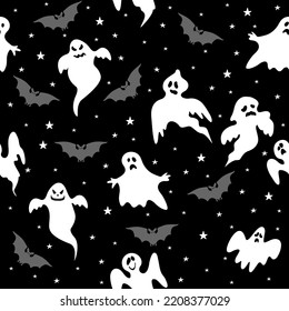 Vector seamless pattern for Halloween. Ghost, bats and stars. Bright cartoon pattern for Halloween