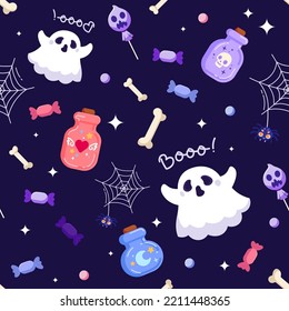 Vector seamless pattern for Halloween. Ghost, spider, bones, candy and potion. Modern template for Halloween card, party invitation, menu, wallpaper, holiday store sale, t-shirt, workshop, etc.