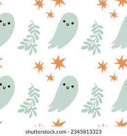 Vector seamless pattern for Halloween. Ghost, twig, stars, on the theme of Halloween. Bright cartoon pattern for Halloween