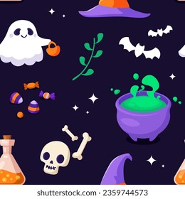 Vector seamless pattern for Halloween. Ghost, skull, bats, hat, cauldron with potion, leaf and candy. Modern autumn template for Halloween card, party invitation, wallpaper, holiday store sale, print.