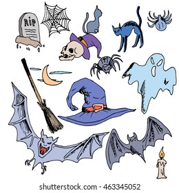 Vector seamless pattern for Halloween. ghost, bat, skull, brooms, spiders, cobwebs, candle, grave and other items on  theme. Bright cartoon   