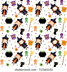 Vector seamless pattern for Halloween with girl witch character, skulls, cats and owls on white background