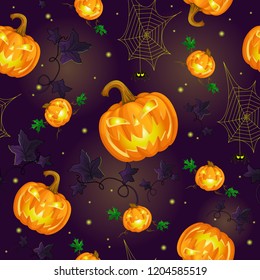 Vector seamless pattern for halloween. Glowing pumpkins, pumpkin leaves, stars and a spider on the spiderweb.