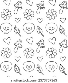 Vector seamless pattern of Halloween groovy outline elements isolated on white background
