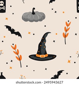 Vector seamless pattern for Halloween. Hat, pumpkin, bat on light background. Abstract vector Illustration for print design