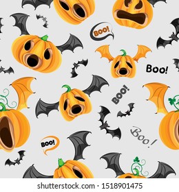 Vector seamless pattern for Halloween holiday. Winged Pumpkin Jacks with bat wings, surrounded by inscriptions and small flying bat. Light gray background