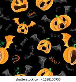 Vector seamless pattern for Halloween holiday. Winged Pumpkin Jacks with bat wings, surrounded by inscriptions and small bat. Black background