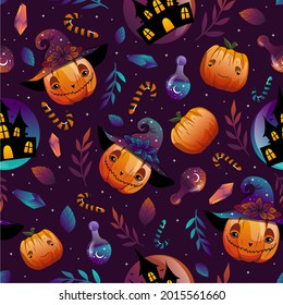 Vector seamless pattern, Halloween holiday pattern background. Background for design of fabric, packaging, phone case, wrapping paper. Greeting cards with traditional symbols.