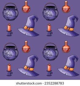 patrón sin fisuras vectorial halloween vacaciones calabaza sombrero broom cauldron